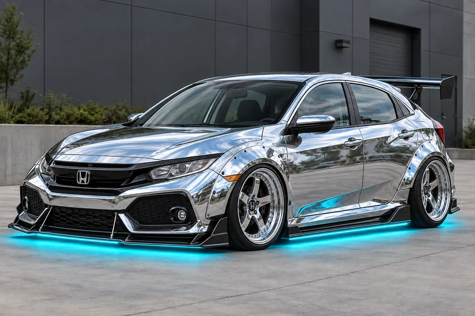 AI concept of a mirror-chrome Honda Civic with cyan accents