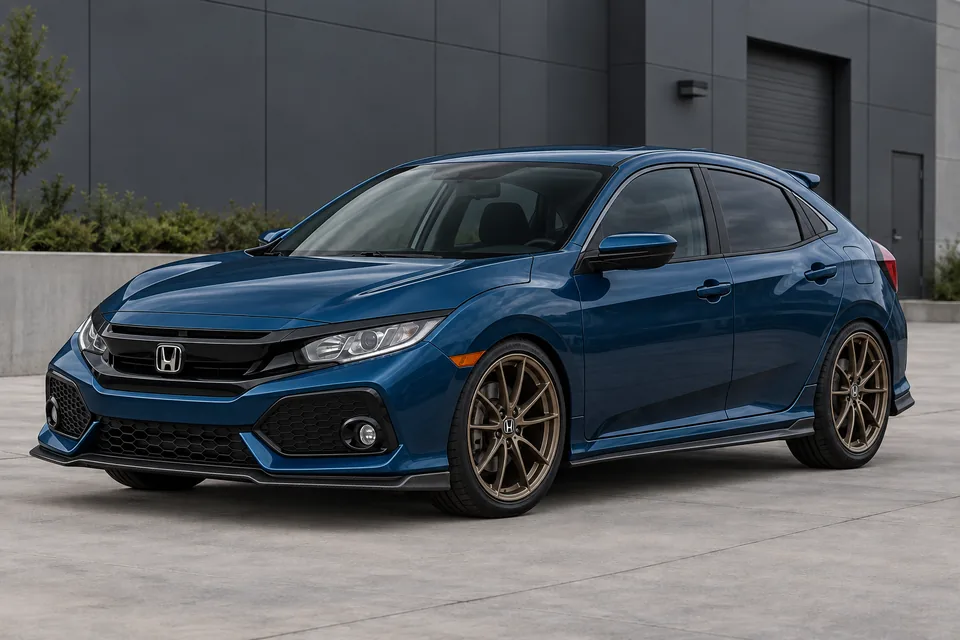 Petrol-blue Honda Civic concept with bronze wheels in a dark garage